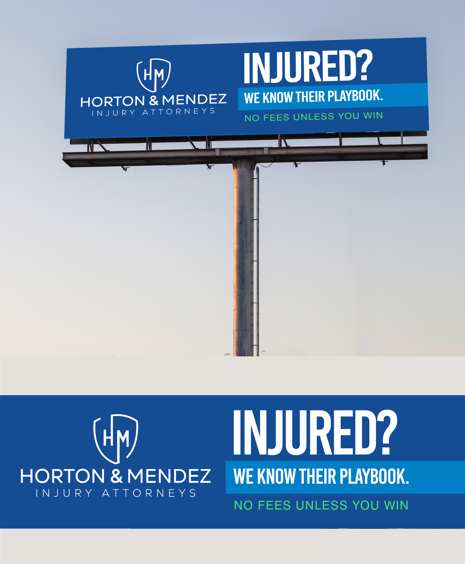 Blue injury attorneys billboard design for Horton & Mendez