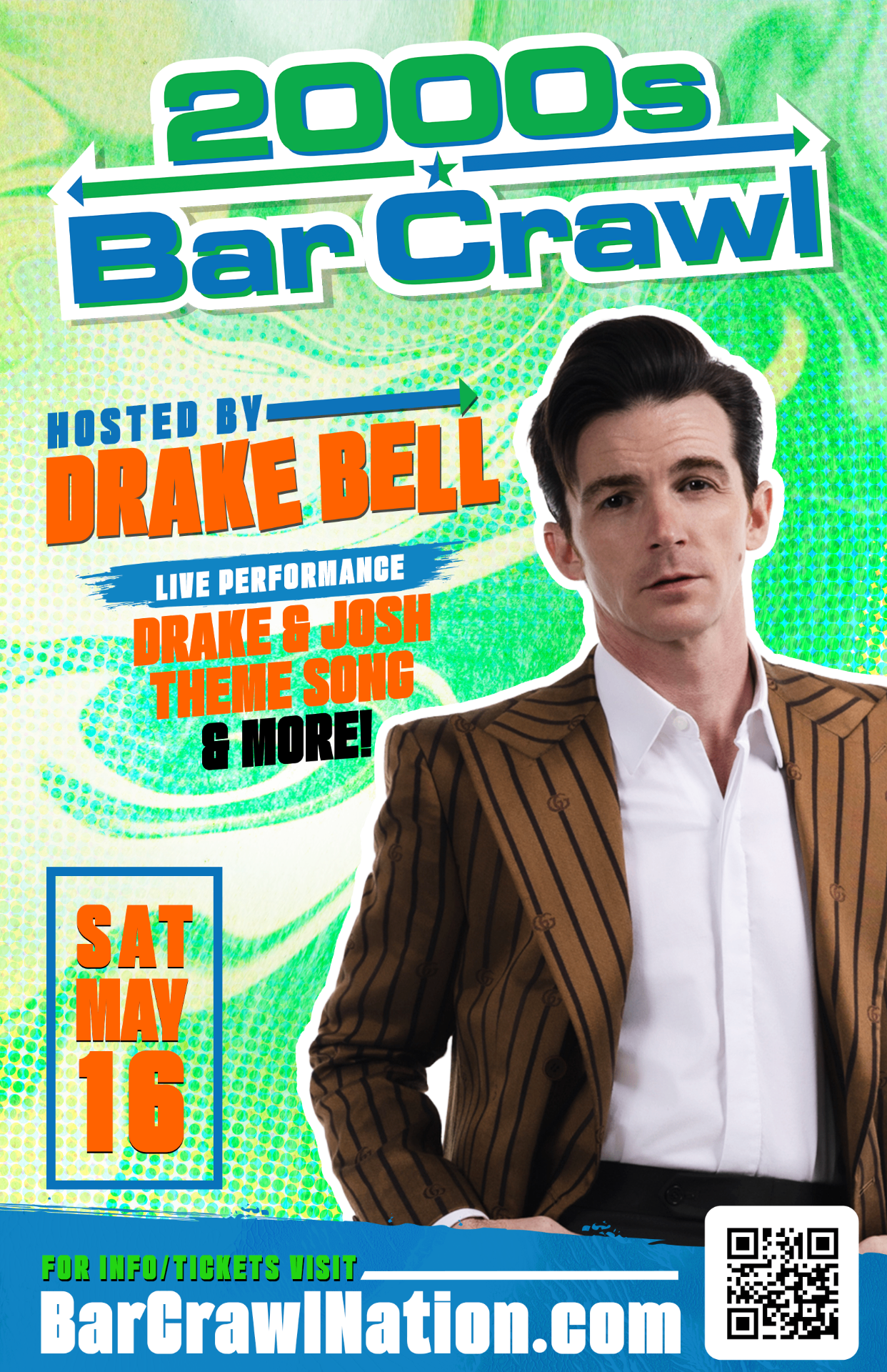Bright event poster design for 2000s Bar Crawl hosted by Drake Bell