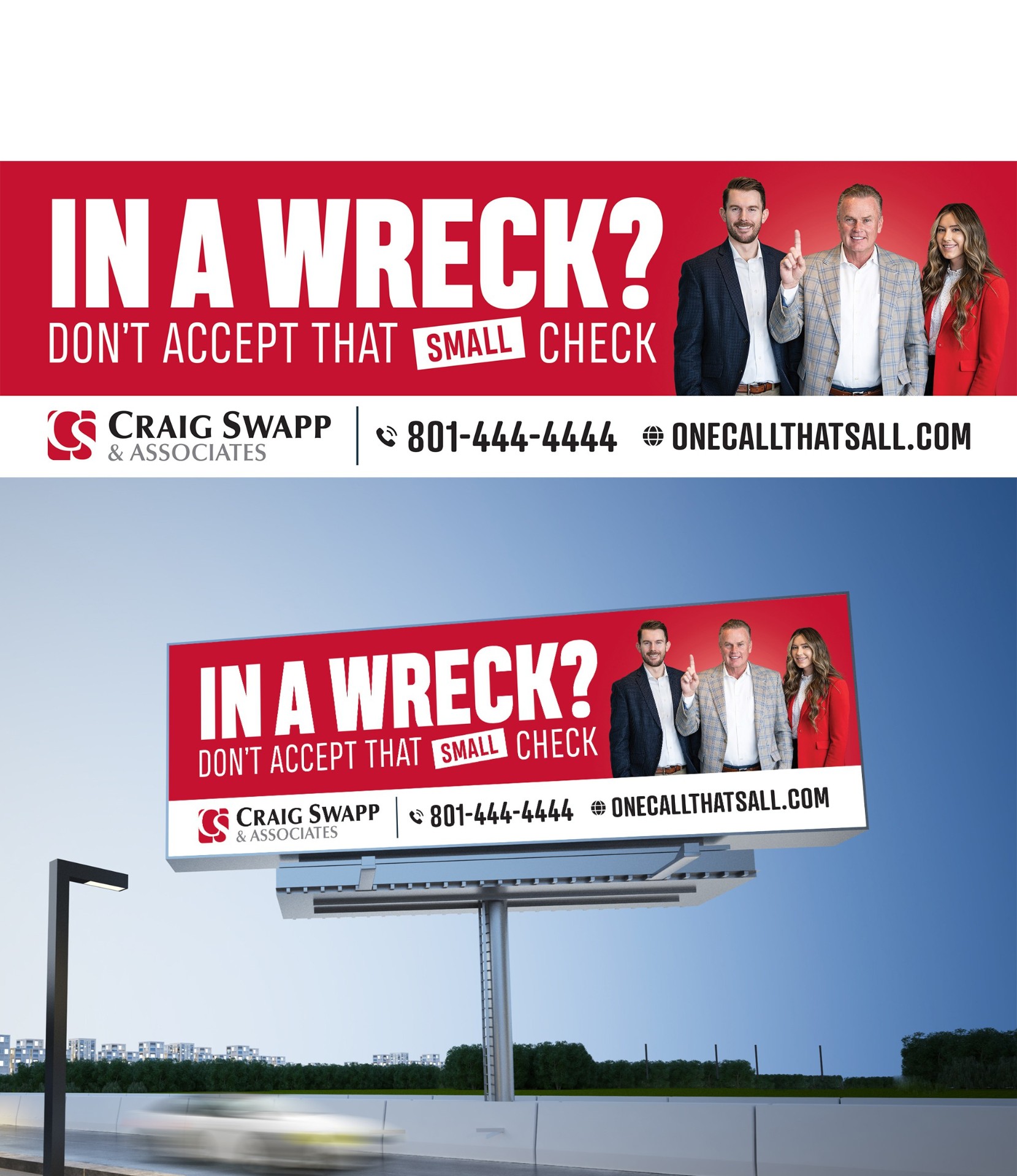 Red personal injury billboard design for Craig Swapp & Associates