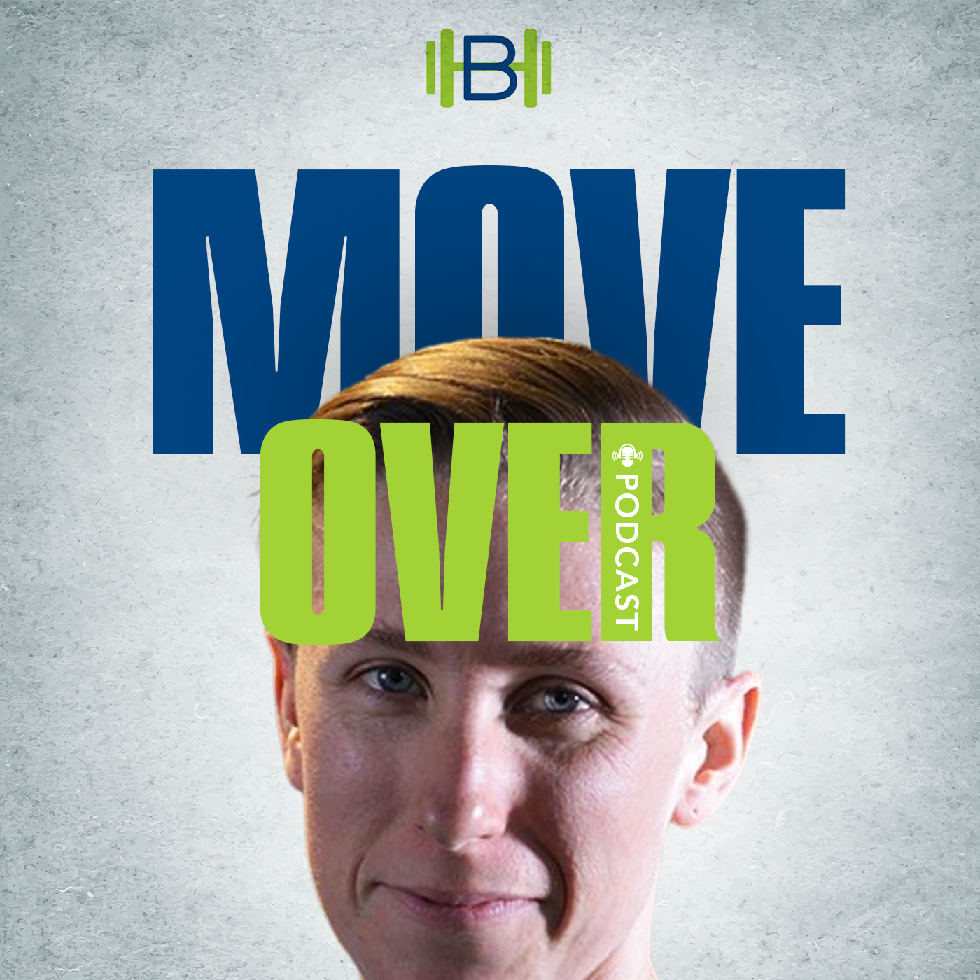 Move Over podcast cover art with bold blue and lime typography