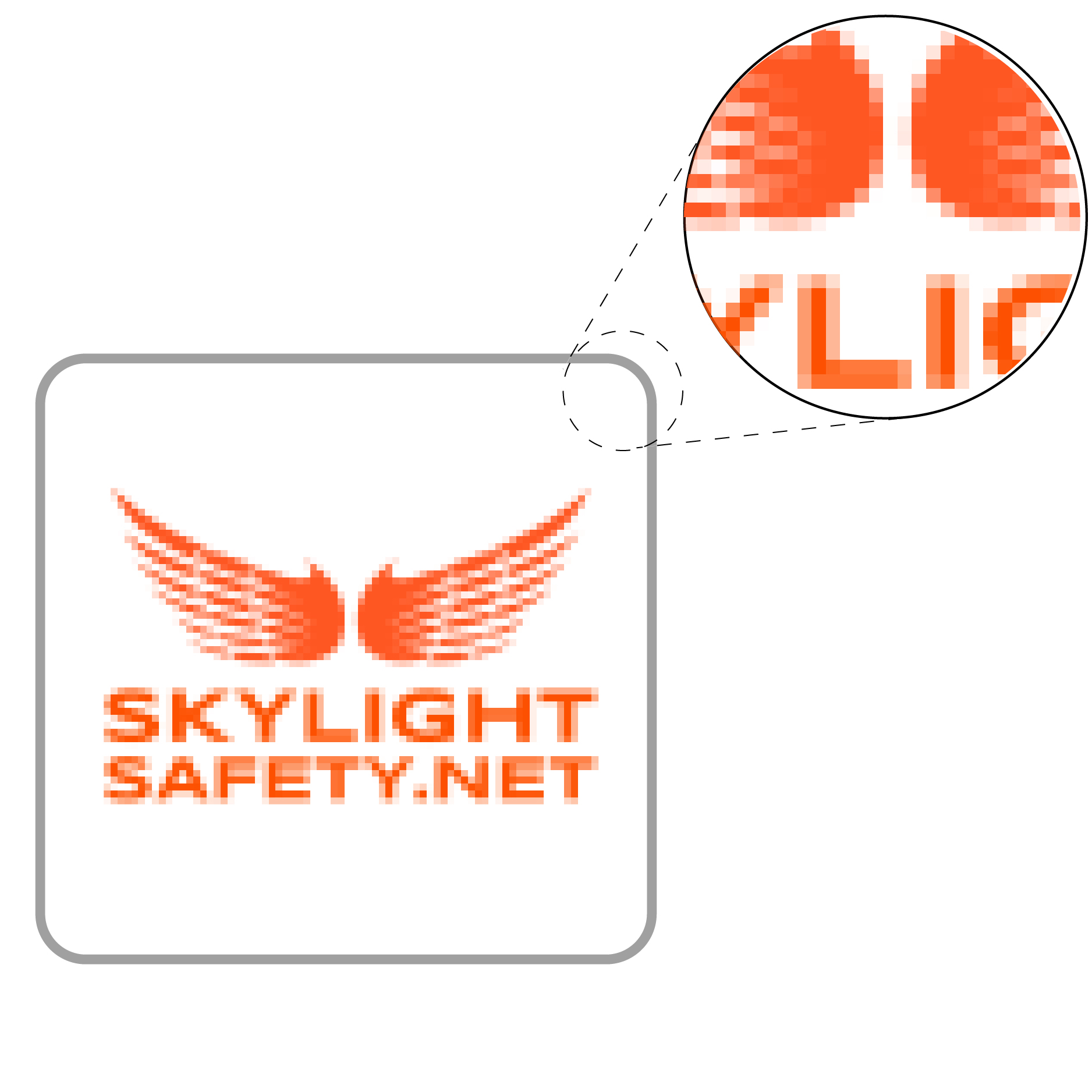 Demonstration of a small, blurry logo with pixelated jagged edges and a white background, magnified to show stair-stepped pixels.