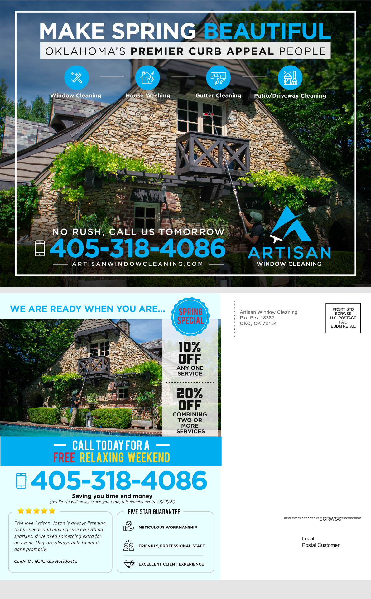 Large postcard mailer design for Artisan Window Cleaning