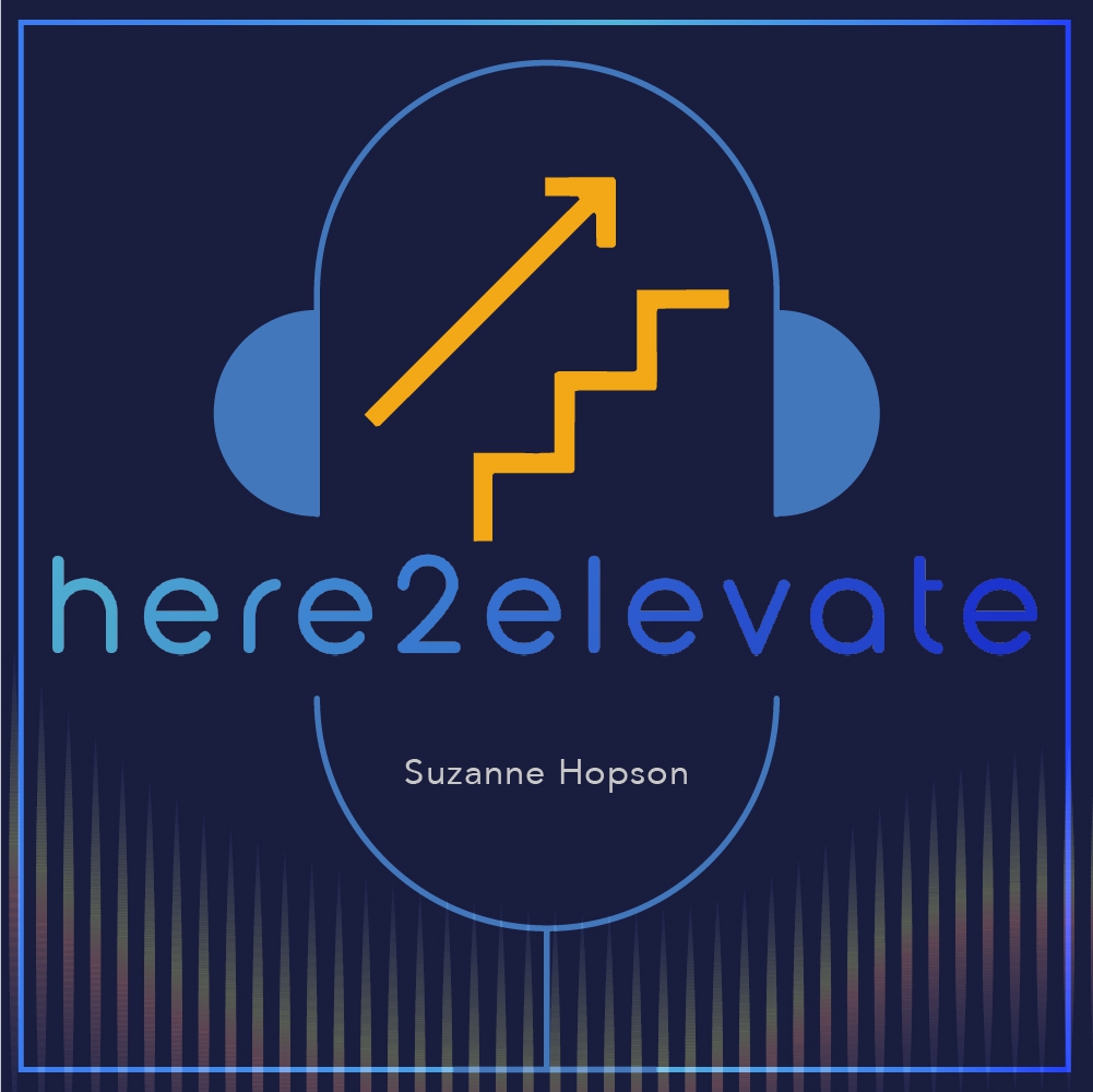 here2elevate podcast logo cover art with headphones and rising arrow